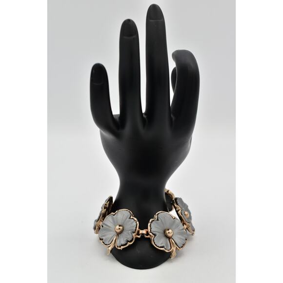 Vintage 7.5" Flower Bracelet Linked Chain Matte Gray Chunky Gold Tone 1960s BinO - Picture 6 of 12